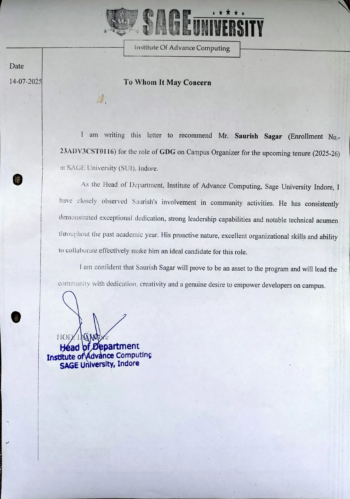 Letter of Recommendation from HOD