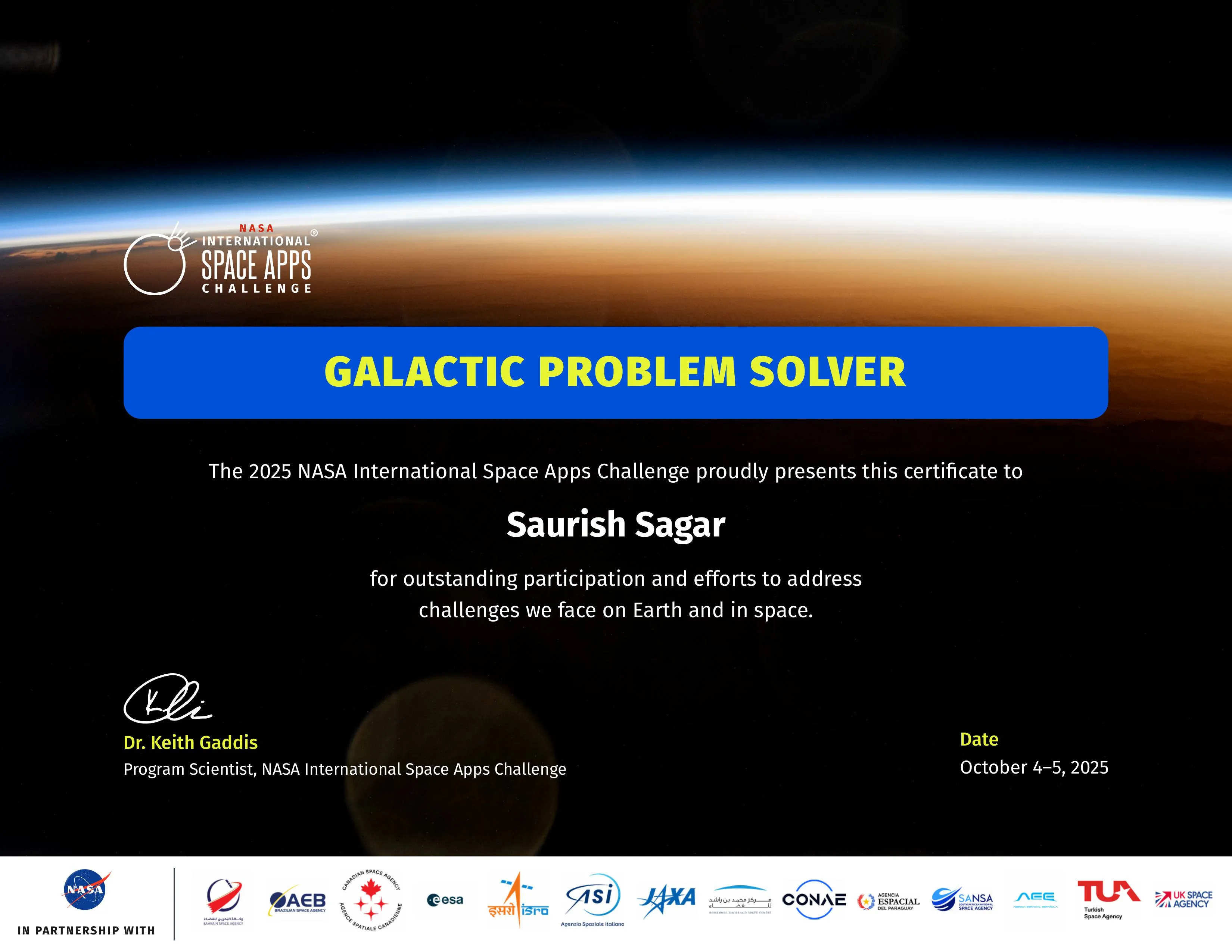 NASA Space Apps Challenge Certificate