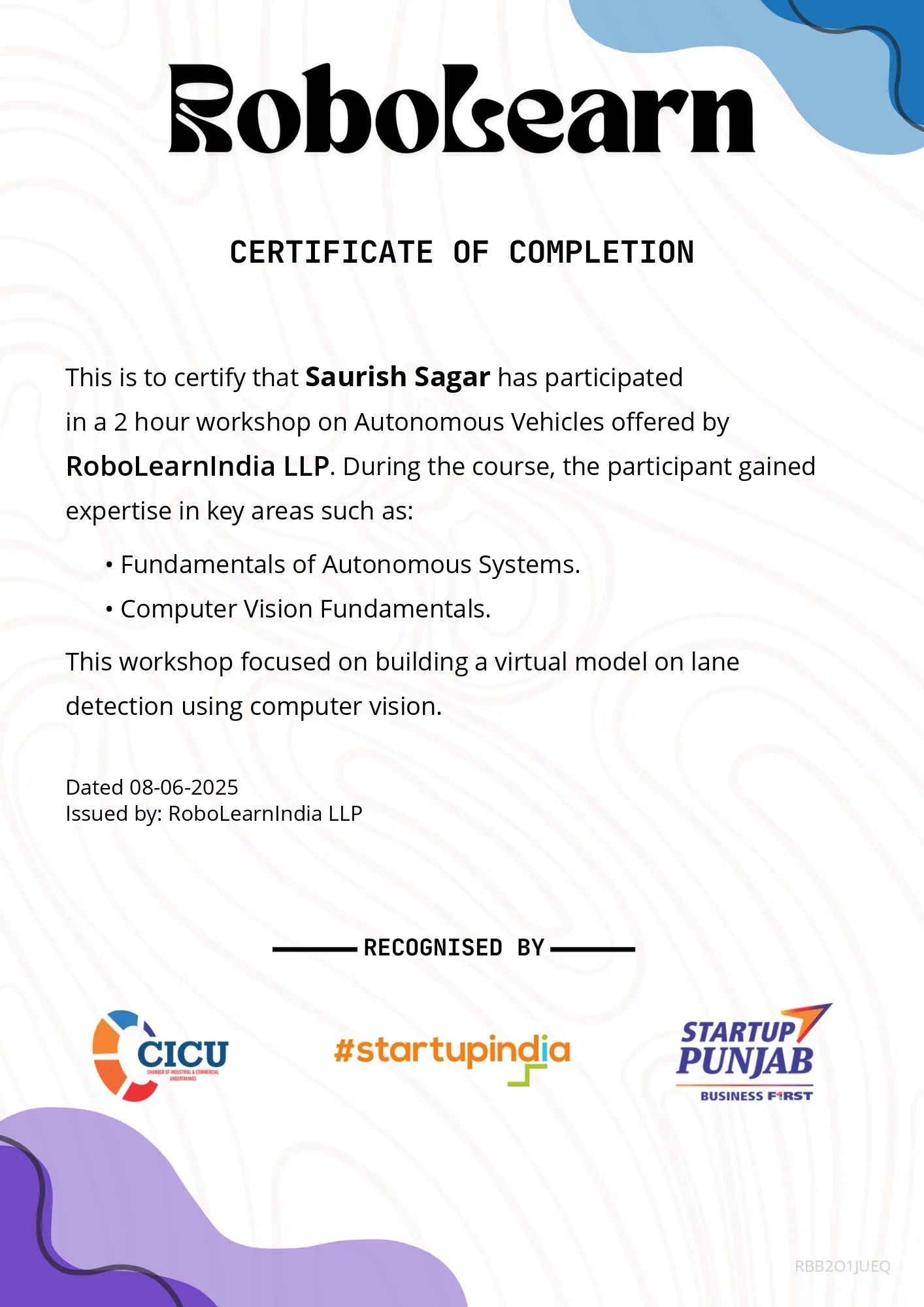 RoboLearn Autonomous Car Certificate